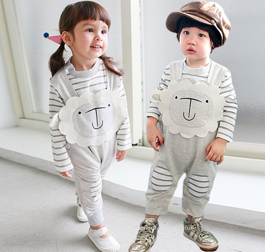 [Joy Multi] Sheep overalls and striped bodysuit set (0-18 months) 203420