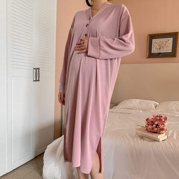 Maternity*Cozy V-neck button maternity dress (possible for breastfeeding)