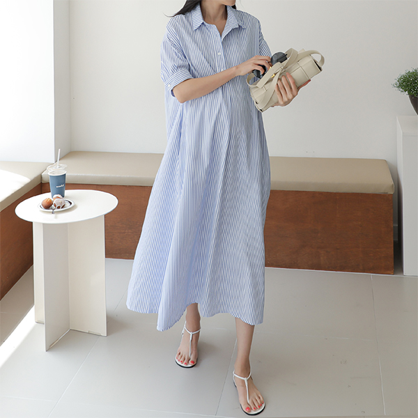<b>[Limited-time discount]</b> Maternity*Ringle boxy striped short sleeve maternity dress (can be breast-feeding)