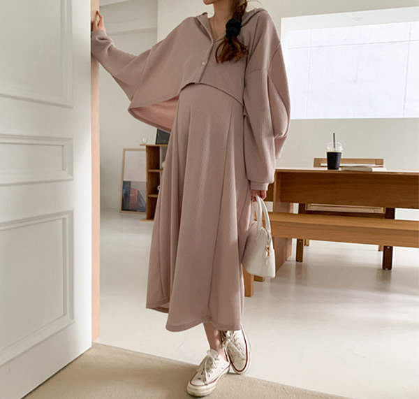 Early to mid-term mom*Crop hood set maternity dress 