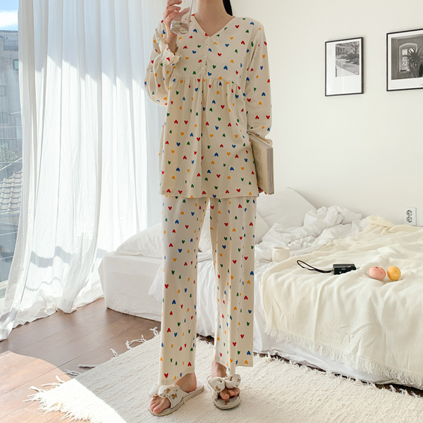 Nursing clothes*color pop heart frill pajamas set