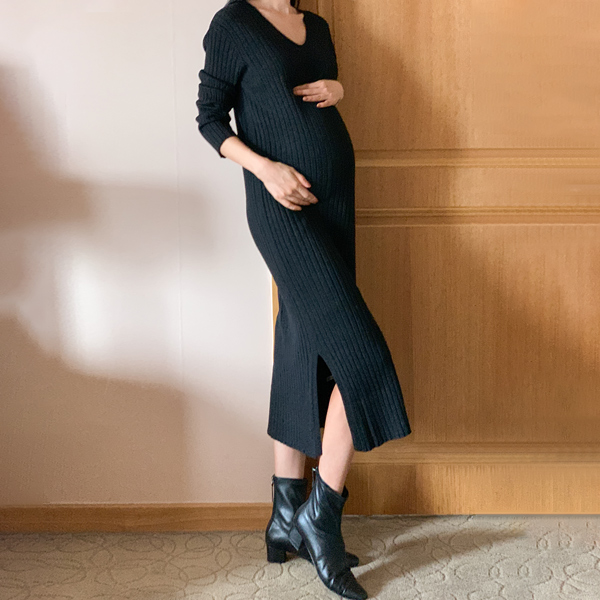 Maternity*Gift ribbed V-knit maternity dress (String set)