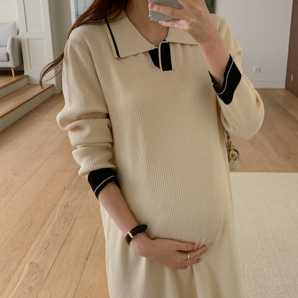 Maternity*Mona collar ribbed knit maternity dress