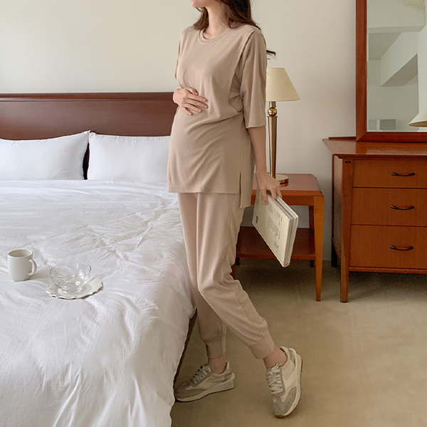 Maternity*Folded ribbed jogger top and bottom set (possible for breastfeeding)