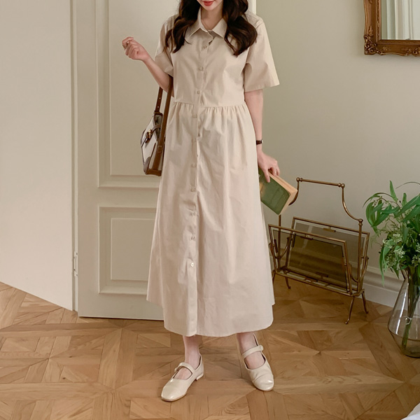 Maternity*Haimi Shirt Shirring Maternity Long Dress (ver.Short-sleeve)
