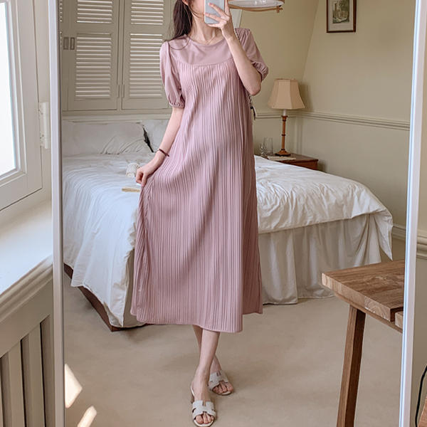 Maternity*Rose pleated color matching maternity dress
