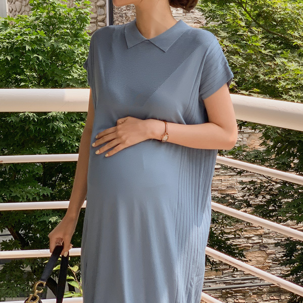 Maternity*Coollash simple collar ribbed maternity dress