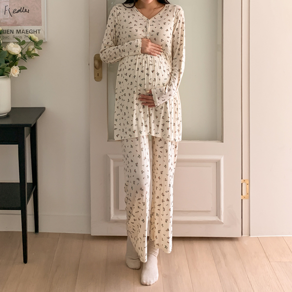 Maternity*Long sleeve punching mood flower maternity dress (or top and bottom set) (breastfeeding possible)