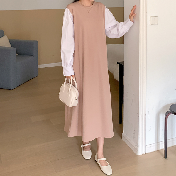 Maternity* Wrinkle-free puff sleeve color matching maternity dress