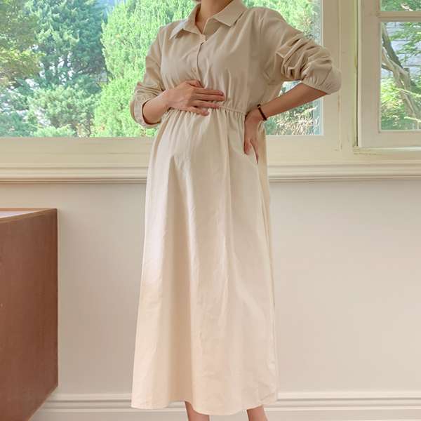 Maternity*Semi-open collar banding maternity dress (possible for breastfeeding)