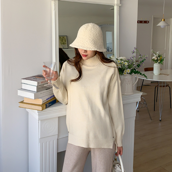 Maternity*Side slit half-neck polar knit