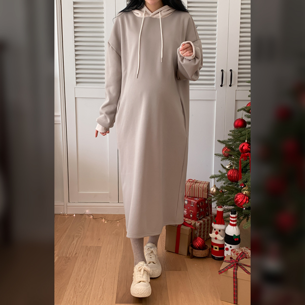 Maternity*Color matching ribbed hooded maternity dress