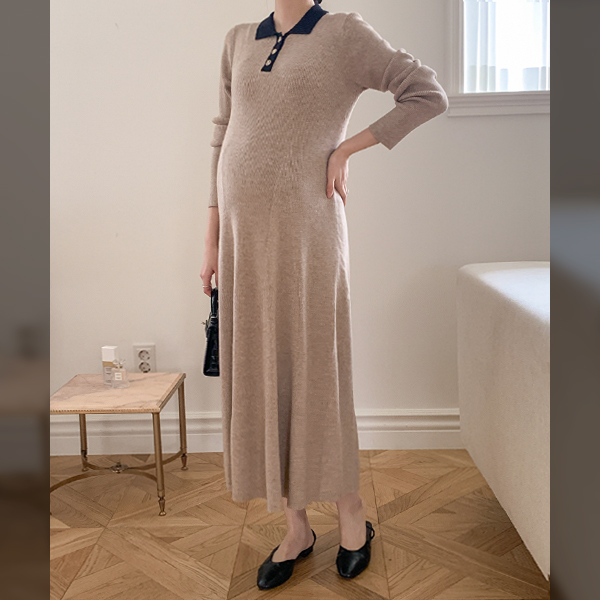 Maternity*knit color matching collar maternity dress
