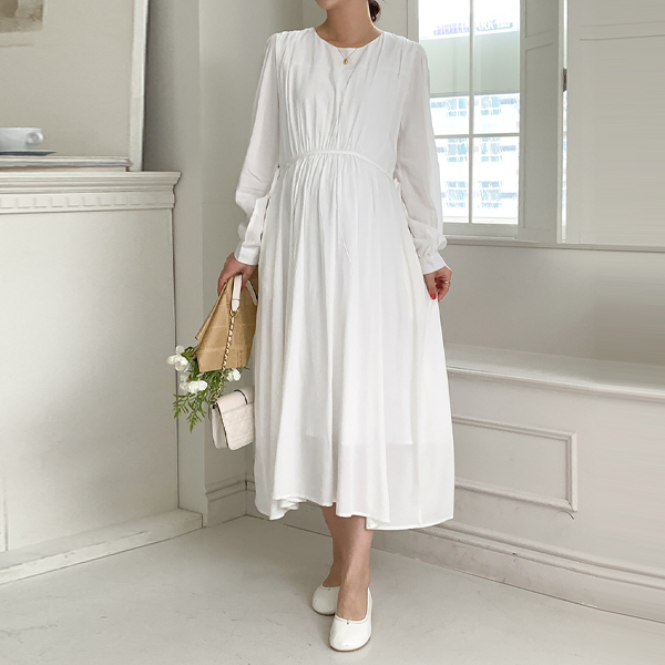 Maternity*White shirring adjustable maternity dress