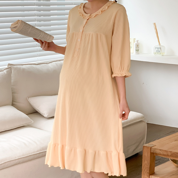 Maternity*Sweet Frill Single Pajama Maternity Dress (Can Breastfeeding)