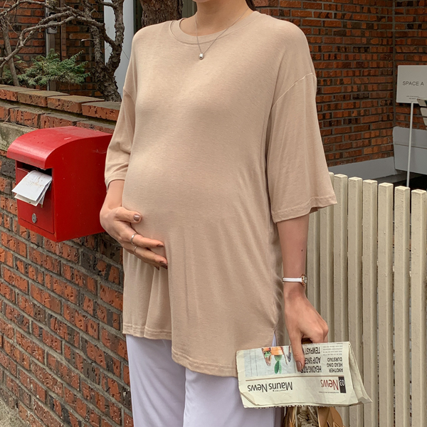 Maternity*Close Slit Long Short Sleeves T-shirt