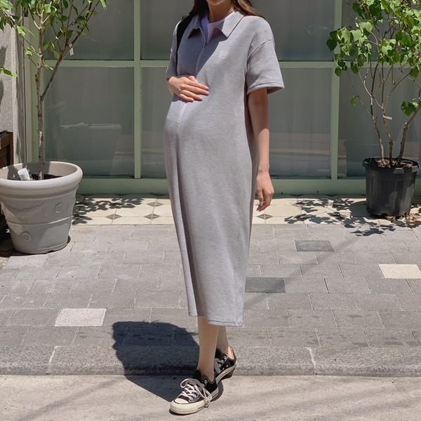 Maternity*Embroidered waffle half-zip maternity dress (possible for breastfeeding)