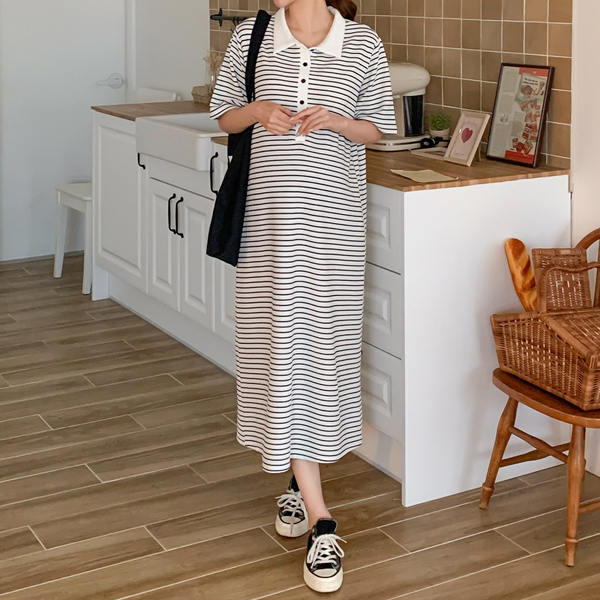 Maternity*Striped collar maternity dress (possible for breastfeeding)