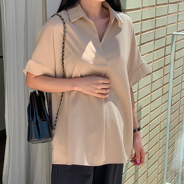 Maternity*roll-up collar loose fit shirt