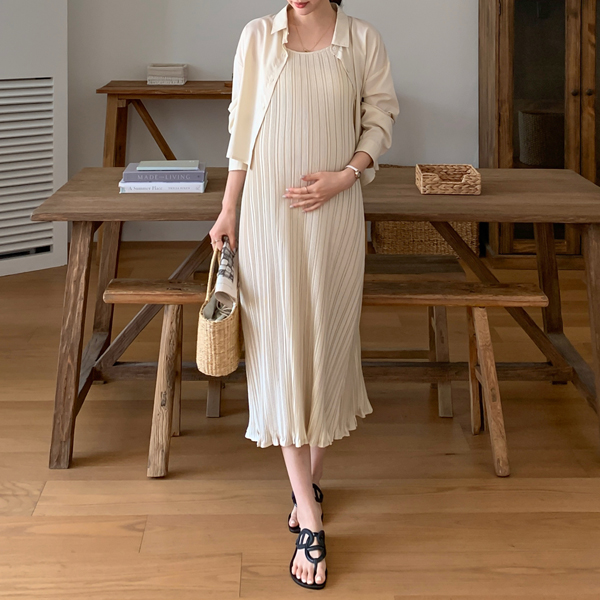<b>[Limited-time discount]</b> Maternity*Pleated bustier shirt set Maternity dress