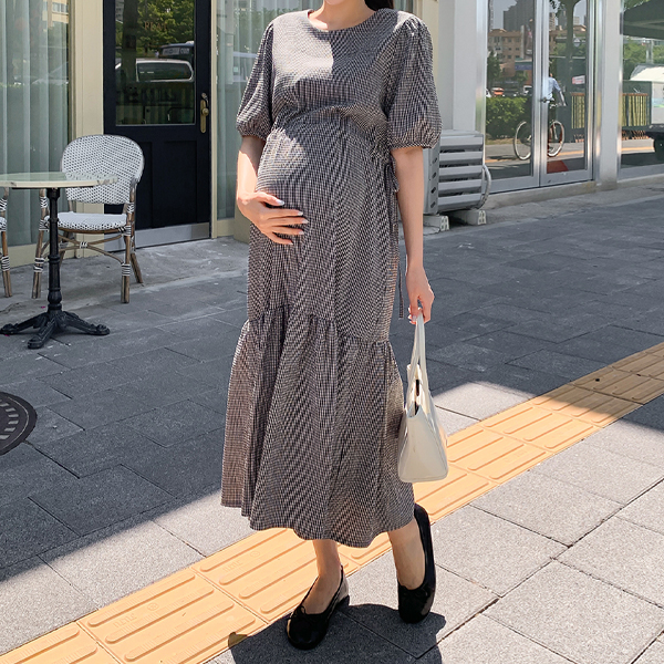 <b>[Limited time discount]</b> Maternity*Riojiji check adjustment maternity dress