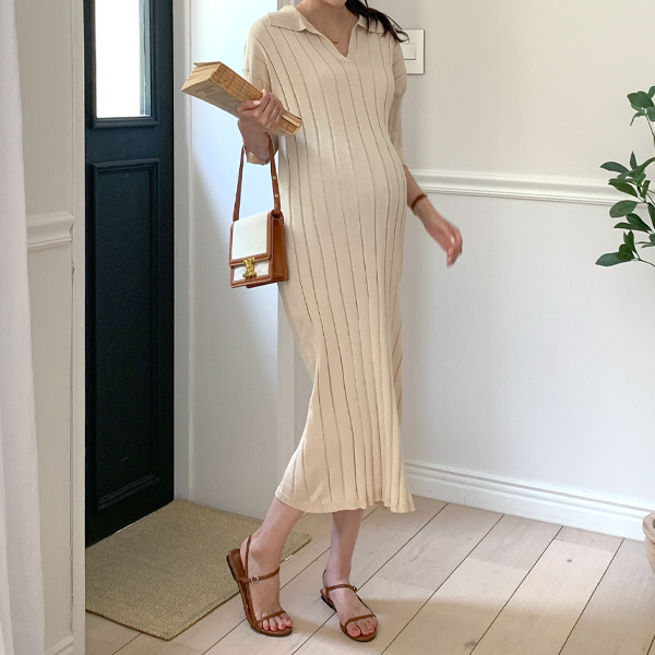 Maternity*Cool open collar ribbed maternity dress