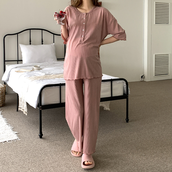 Maternity*Home wavy ribbed top and bottom set (possible for breastfeeding)