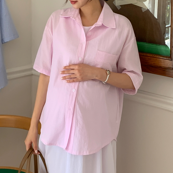 Maternity*Seersucker pocket loose fit shirt