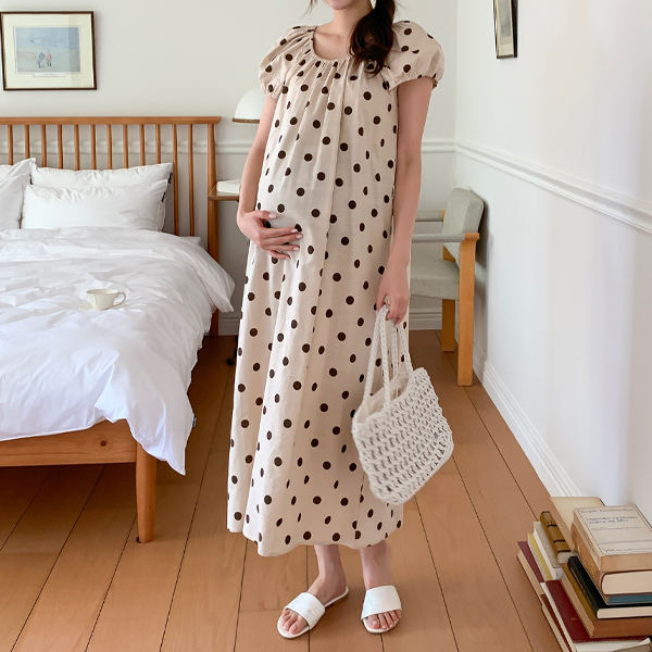 Maternity*Linen dot shirring maternity dress (Stringset)