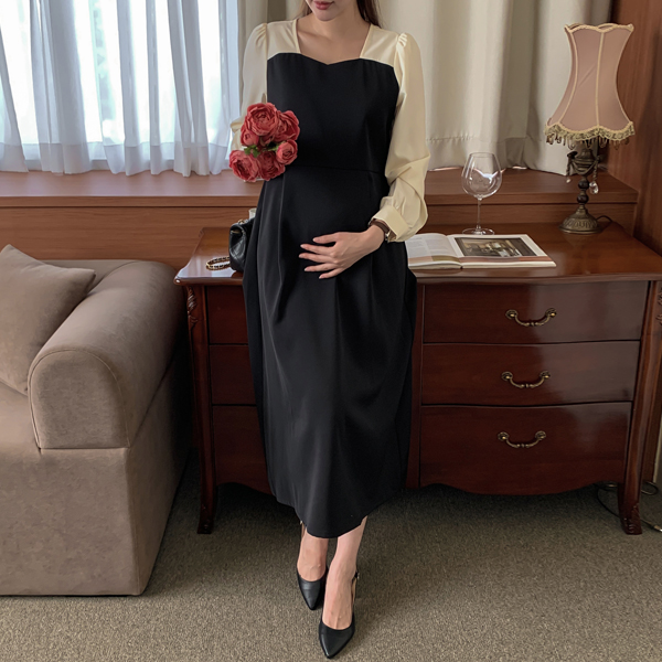 Maternity*heart neck color matching flare maternity dress