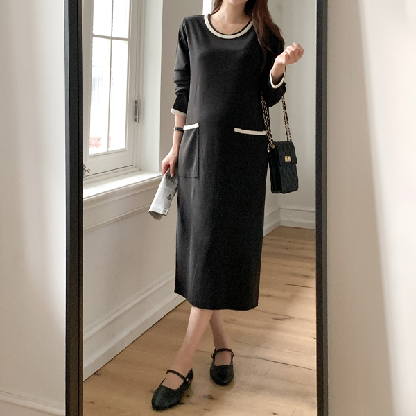 Maternity*Wrinkle-free Coco color matching long-sleeved maternity dress