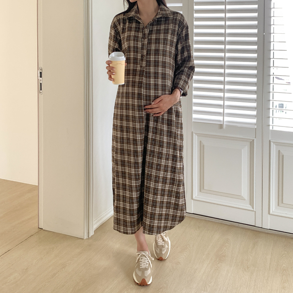 Maternity* Checkered Open Shirt Maternity One-Piece Dress