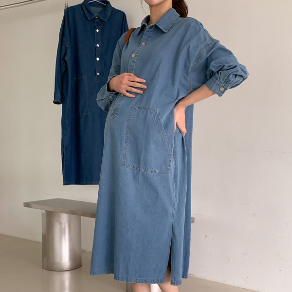 Maternity*Single denim snap maternity dress (possible for breastfeeding)