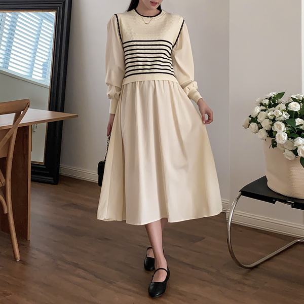 <b>[Limited-time discount]</b> Maternity*Hip knit color matching maternity dress