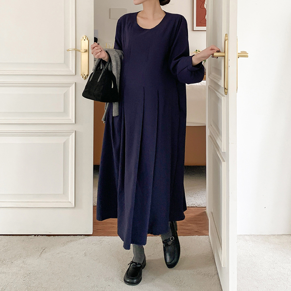 Maternity*Rustic pleated long-sleeved maternity dress