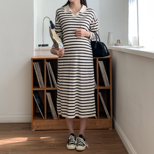 Maternity*Cami collar striped maternity dress