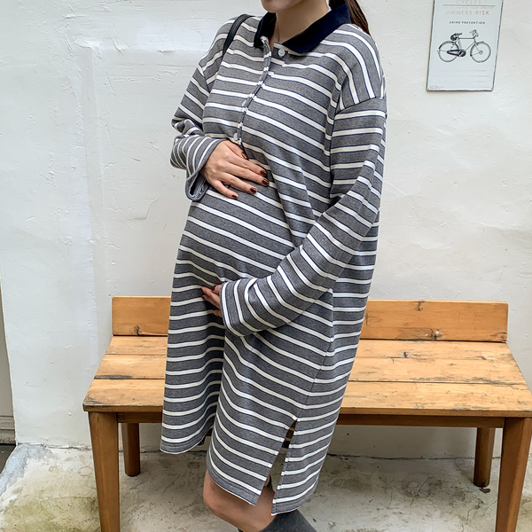 <b>[Limited-time discount]</b> Maternity*Tom Collar Stripe Maternity Dress (Nursing possible)