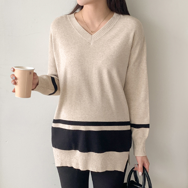 Maternity*Color blocking V-neck Loose fit-knit