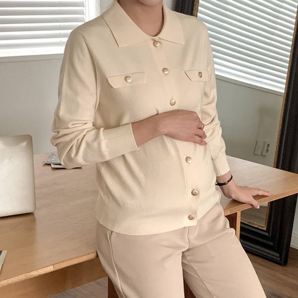 Maternity*Cami Fake Pocket Collar Cardigan