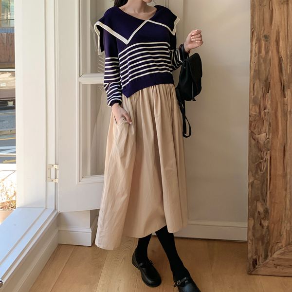 Maternity*Autumn sailor knit color matching maternity dress