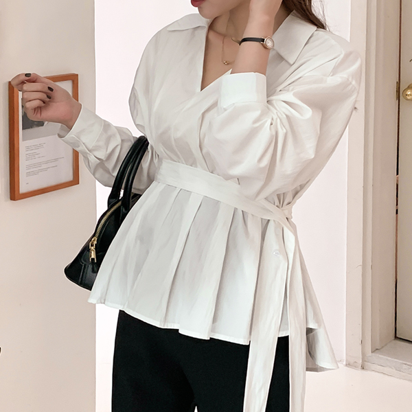 Maternity*Open Collar Pin Tuck Belt Blouse (Belt SET)