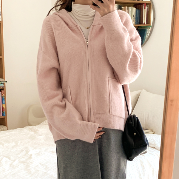 Maternity*Hooded Pocket Two-Way Knit Zip-Up