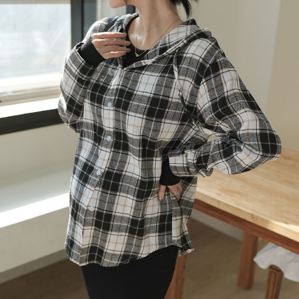 Maternity*Rotu Check Hooded Shirt