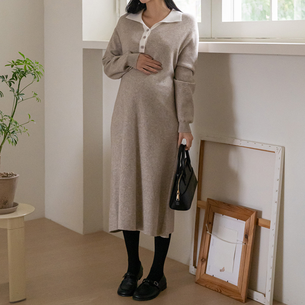 <b>[Limited-time discount]</b> Maternity*Three-button color-block collar maternity dress