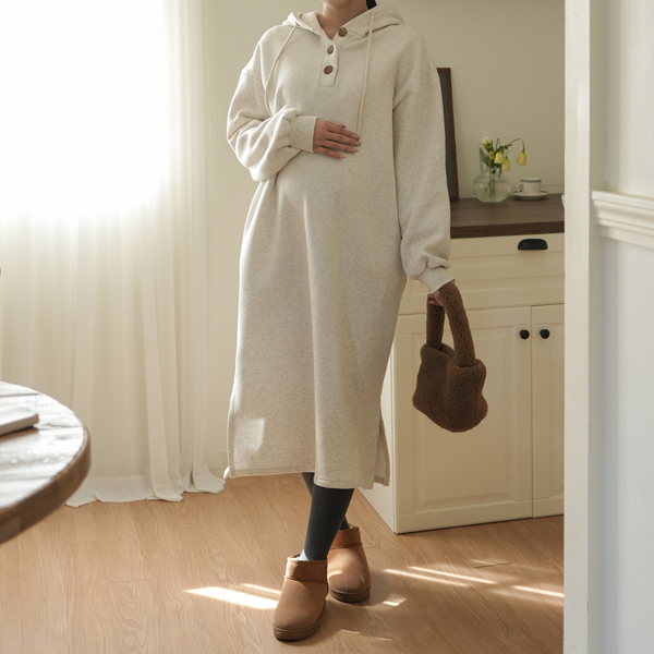 Maternity*Button Hooded Maternity Dress