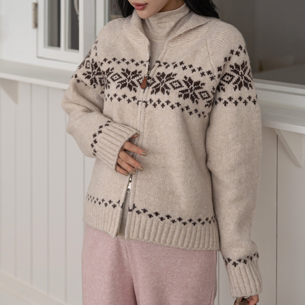 Maternity*Snowflake Nordic Two-Way Knit Zip-Up