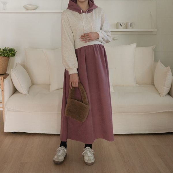 Maternity*Color blocking hoodie maternity dress