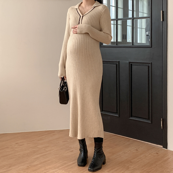 Maternity*Golji color matching collar slim maternity dress