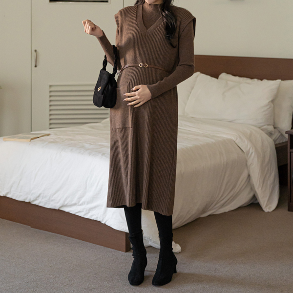 Maternity*Golji Polar Belt Set Maternity One-Piece Dress