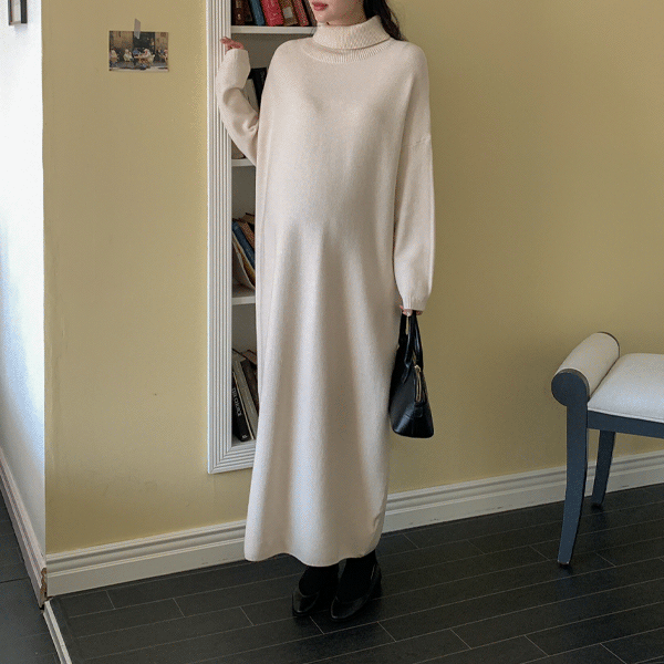 Maternity*Waffle Embo Polar Neck Maternity Dress